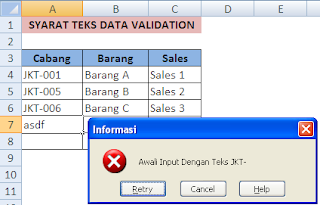 Menambah kriteria teks pada Data Validation